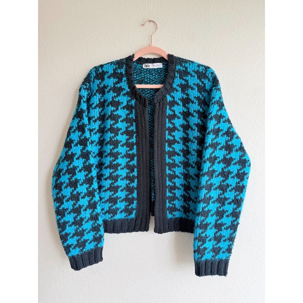 Zara Knit Houndstooth Jacquard Open Cardigan Sweater in Navy & Turquoise size M